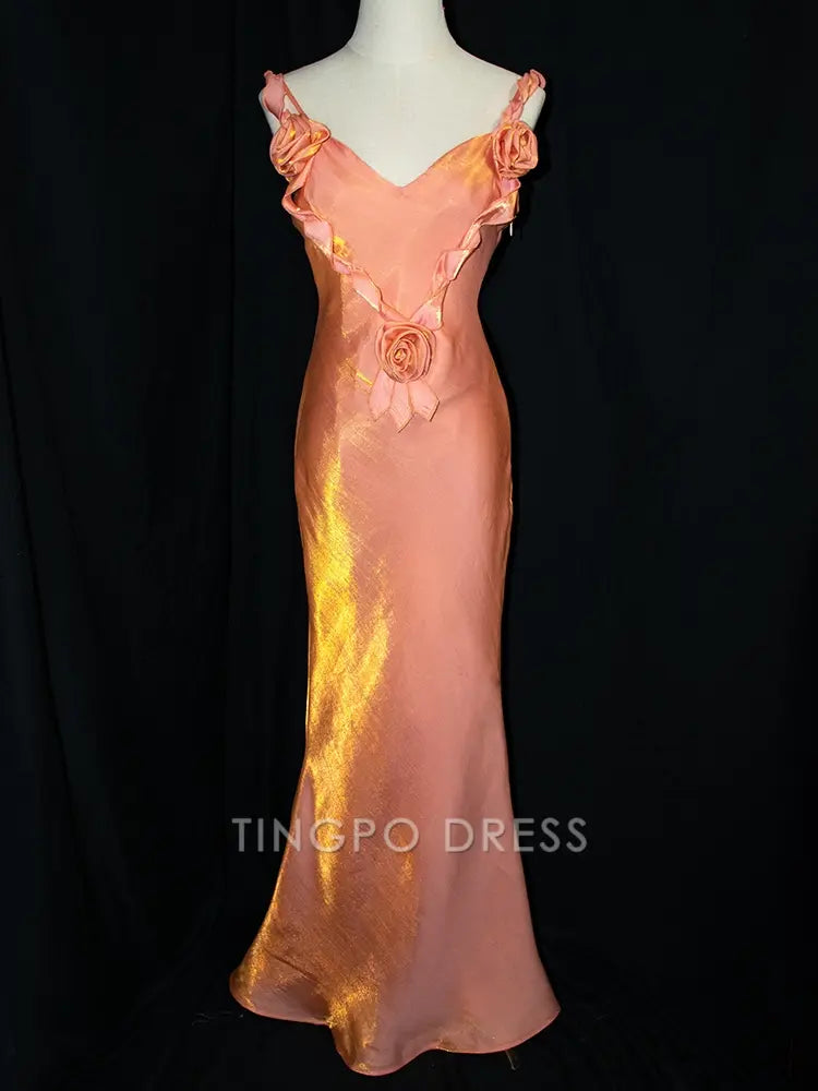 TingPo Wholesale Elegant Peach Pink Vintage Floral V-neck Evening Gown Lace-up Back Mermaid Dress